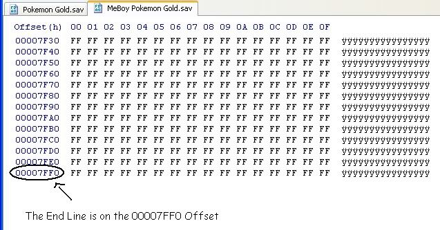 The end line of Pokemon Gold save game is on the 00007FF0 offset. But the Pokemon Gold Original VBA save game it is has three new Offset.