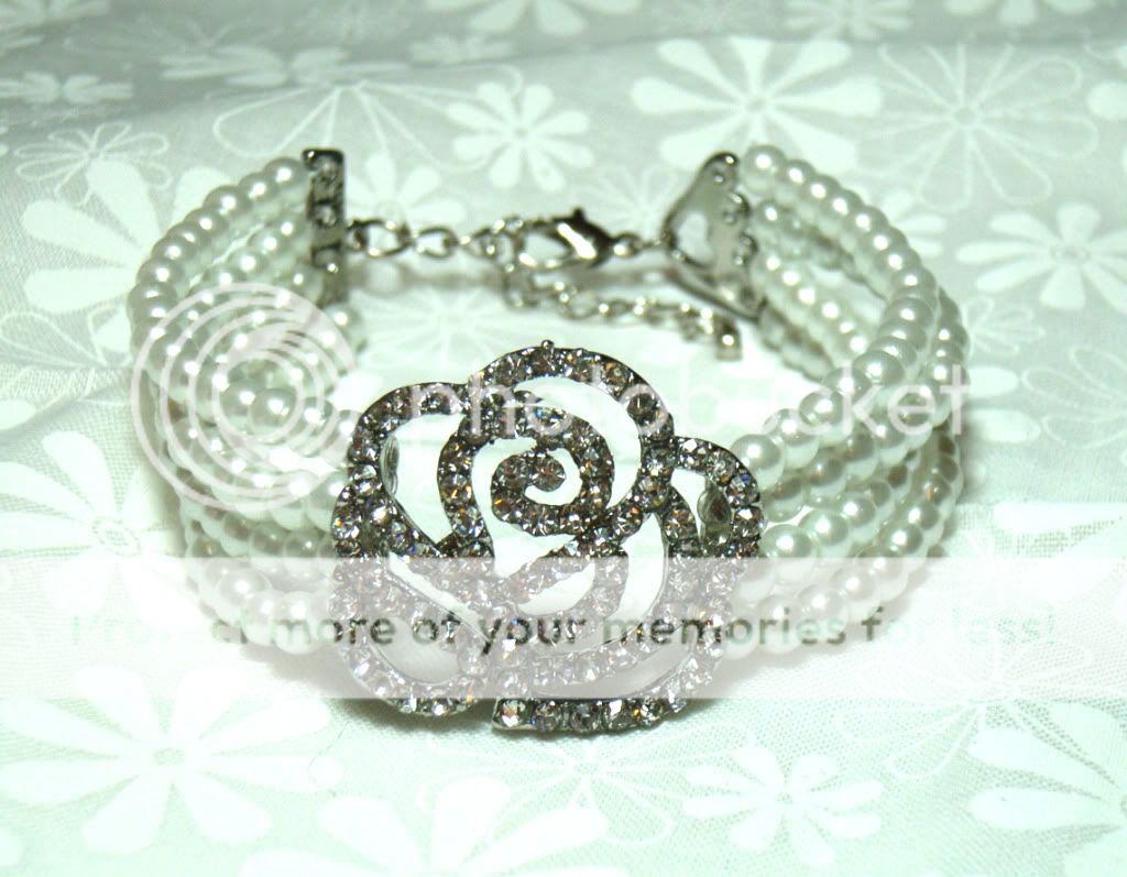 Rhinestone Crystal Rose Pearl Four Strand Bracelet  