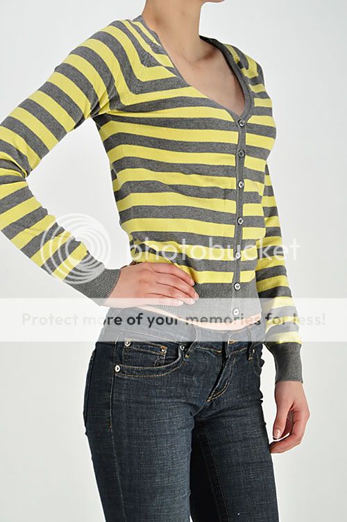 Striped V NECK Long Sleeve KNIT COTTON Cardigan Sweater Ribbed Slim 