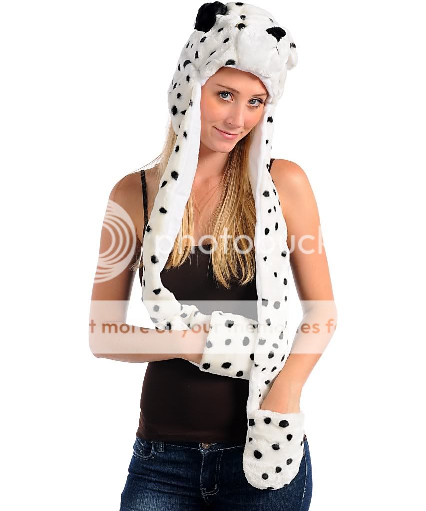 Warm Fashion Animal Faux Fur Hoodie Hat Beanie Scarf Long Paw Gloves 