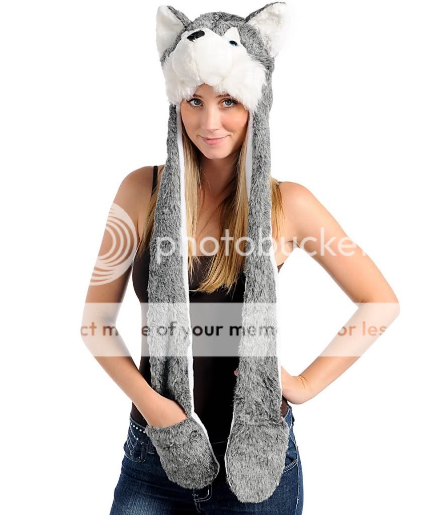 Warm Fashion Animal Faux Fur Hoodie Hat Beanie Scarf Long Paw Gloves 